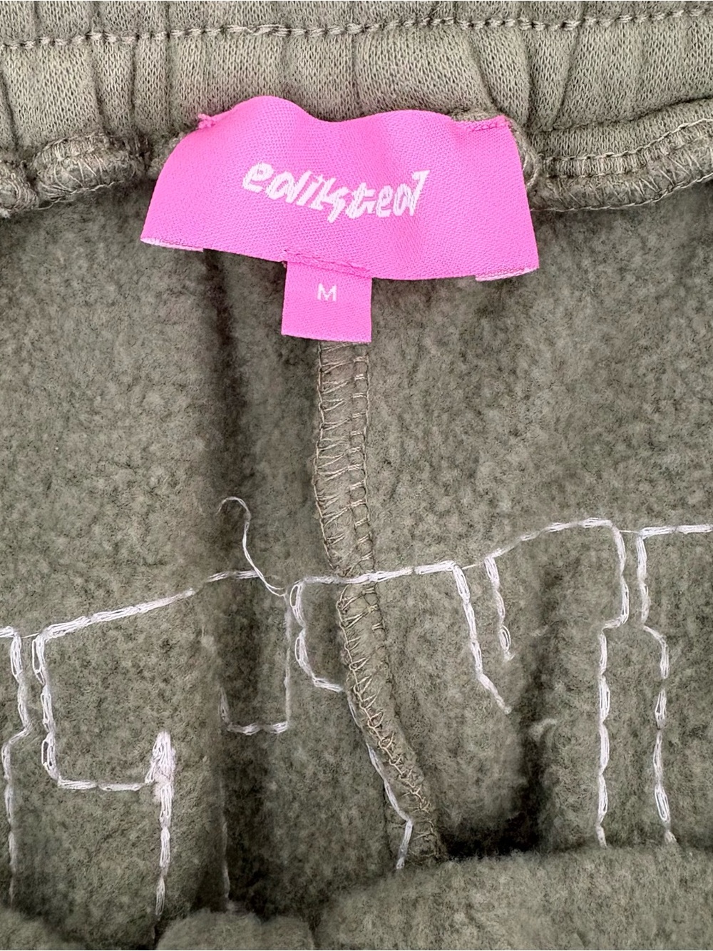 Edikted Olive Wide-Leg Sweatpants with Embroidered Back Patch - Picture 4 of 4